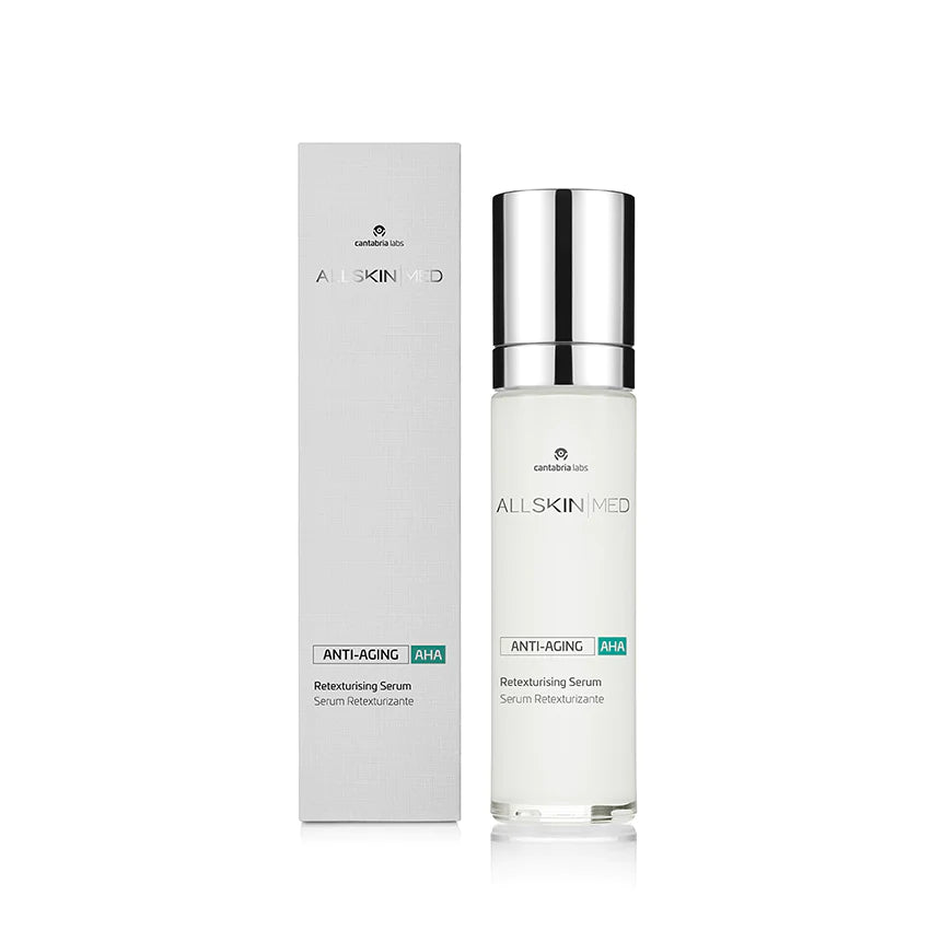 Allskinmed Retexturising Serum multi-acid exfoliating serum with AHAs and niacinamide to refine skin texture, brighten tone, reduce sun damage and support healthy skin renewal.