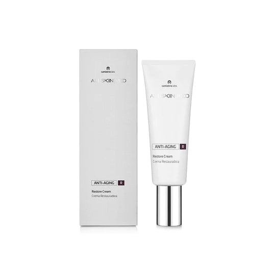 A pump bottle of ALLSKIN MED Anti-aging R Restore Cream next to its packaging box.