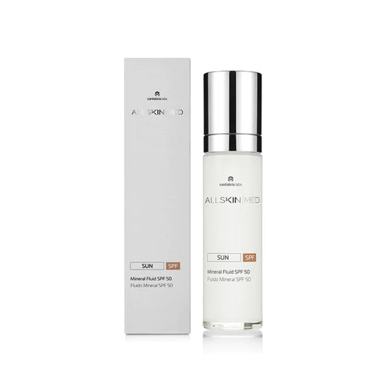 A bottle of ALLSKIN MED Sun Mineral Fluid SPF50 with its packaging box for sensitive, post-treatment or pigmentation-prone skin