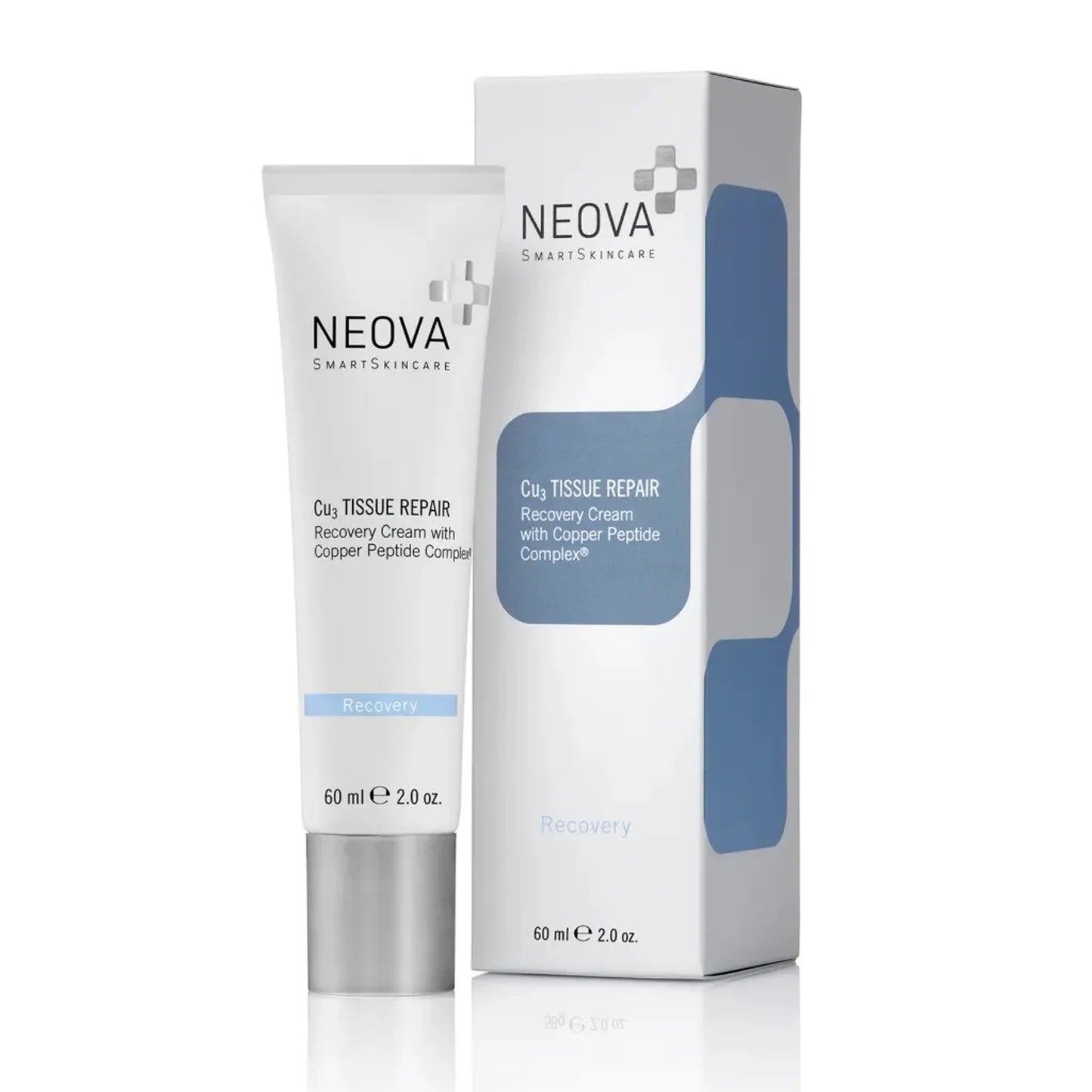 Neova skin care copper peptide cream tube and packaging for skin recovery and post treatment healing.