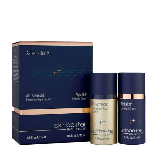 Skinbetter Science A-Team Duo Advanced Day and Night package – 15ml antioxidant serum and 15ml retinol cream set to brighten, smooth, and visibly rejuvenate skin tone and texture