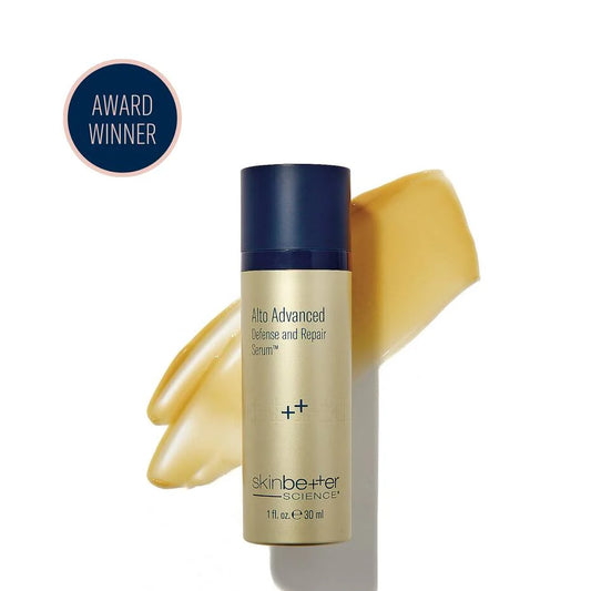 Bottle of Skinbetter Science Advanced Alto Defense and Repair Serum – powerful antioxidant serum that repairs skin damage, reduces redness, and boosts radiance. Award winning.