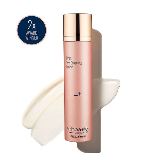 Luxury bottle of Skinbetter Science Even Tone Correcting Serum – brightening serum targeting discoloration, uneven skin tone, and sun damage. 2x award winner