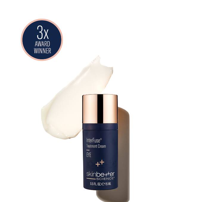 Skinbetter Science InterFuse Eye Cream – firming and hydrating eye treatment in 15ml airless pump bottle with 3x award winner written behind