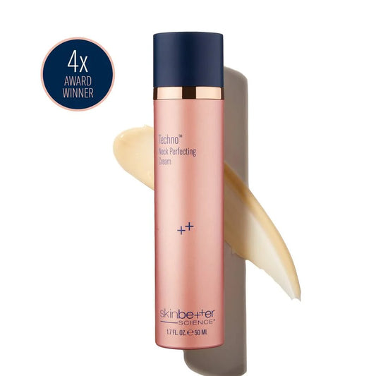 Skinbetter Science Techno Neck Perfecting Cream – 50ml firming neck cream in sleek pump bottle 4x award winner written behind