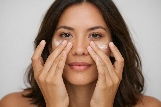 Applying eye cream to delicate under eye skin to treat fine lines and wrinkles
