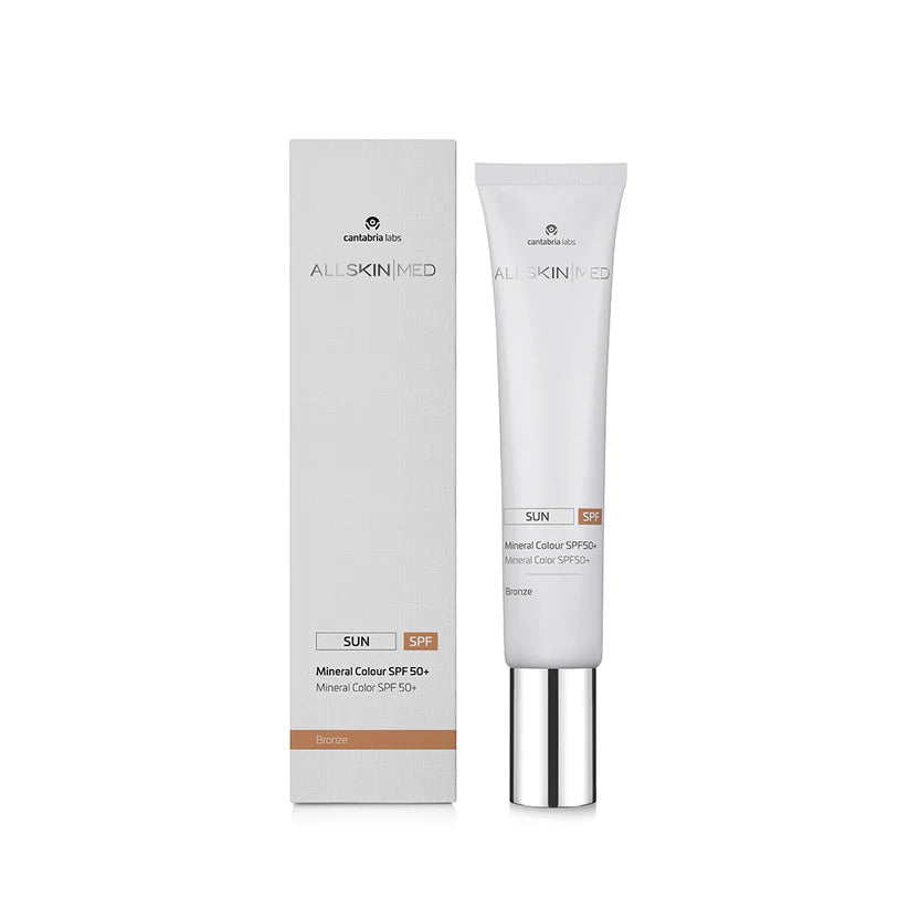 Mineral SPF50 sunscreen with bronze tint. Ideal for medium to dark fair skin tones, sensitive skin, and post-treatment use. Non-greasy, even coverage with antioxidants.