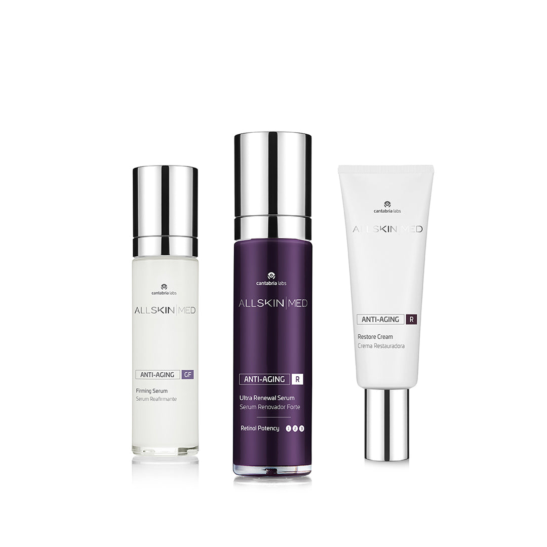 Allskinmed Ultra Retinol Regime 3-step skincare kit with retinol, firming serum, and restore cream to smooth wrinkles, tighten skin, and boost hydration.
