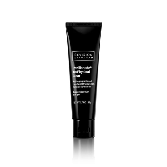 Revision Skincare Intellishade TruPhysical Clear SPF50, a mineral sunscreen that protects annd provides annti-skin ageing benefits that enhance skin tone for a radiant finish.
