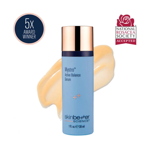 Bottle of Skinbetter Science Mystro Active Balance Serum – antioxidant-rich formula to balance skin tone, reduce redness, and smooth texture. 5x award winner and a National Rosacea Society Accepted badge behind
