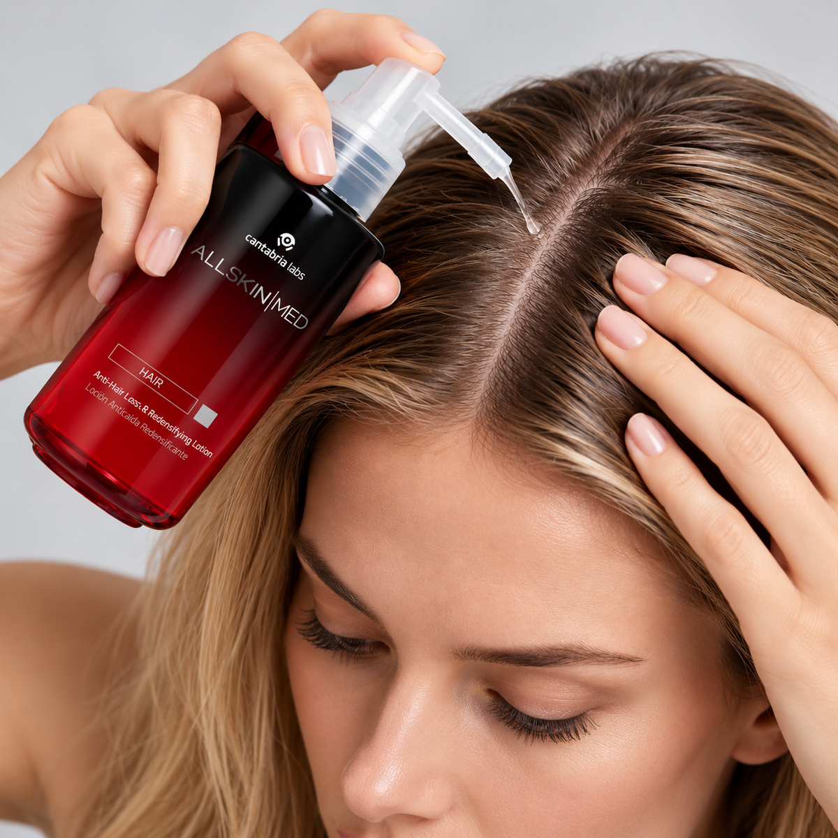 ALLSKIN MED Anti-Hair Loss & Redensifying Lotion applied directly to the scalp for thinning hair and reduced hair density