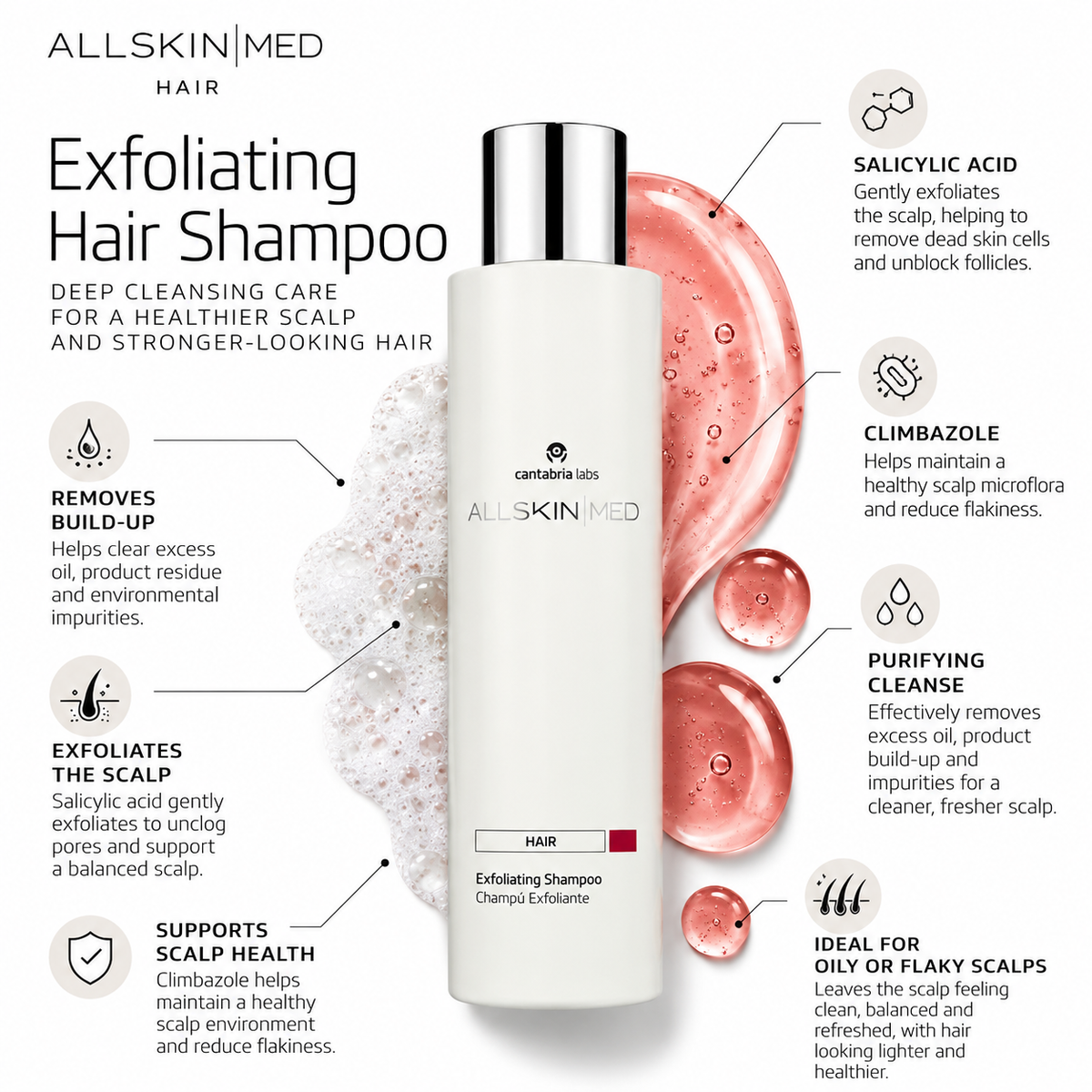 ALLSKIN MED Exfoliating Hair Shampoo 200ml with salicylic acid and climbazole for oily, flaky scalps, build-up and scalp exfoliation