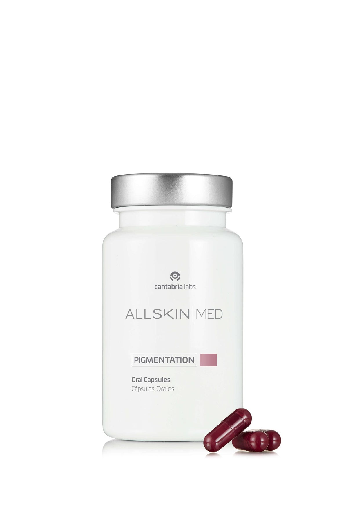 ALLSKIN MED Pigment Control Capsules 60 capsule bottle with two capsules on a white background